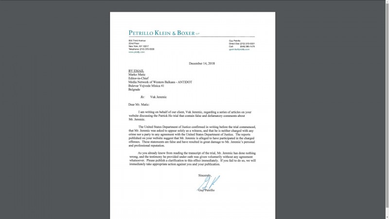 The attempt to pose pressure: The letter that was sent to our portal from Jeremic’s lawyer in New York